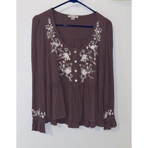 American Eagle Woman Purple Floral L/S Low Neck Shirt Peasant  Size M CHEST 36"